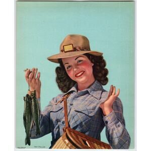 1946 Vintage Fishing Girl Print Hey Fellas Plaid Shirt Hat Art Mid Century Mod